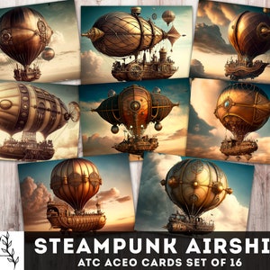 Airship Steampunk Printable ATC Aceo Cards 2.5” x 3.5” Steampunk Junk Journal, Digital Cards, Steampunk Ephemera, Instant Download