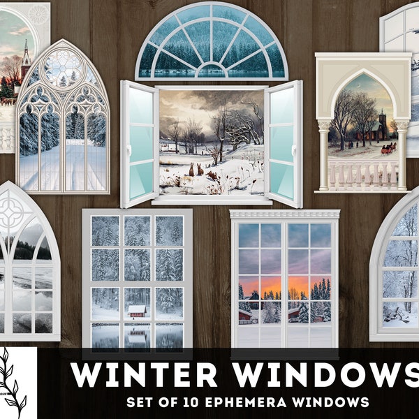 Winter Windows Ephemera, Winter Junk Journal, Holiday Windows, Fussy cut, Vintage New Year, Xmas Printable Ephemera, Christmas Decorations