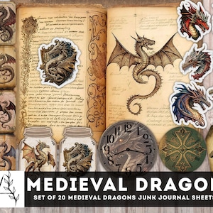 Medieval Junk Journal Kit, Medieval Dragon Junk Journal, Dragons Ephemera, Fussy cuts, Clock, Dragons Envelope & pockets, Instant Download
