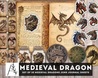 Medieval Dragons Junk Journal Kit, Ephemera, Cards (Digital Download)