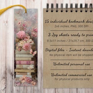 May include: A floral bookmark with a yellow tassel, depicting a stack of books decorated with pink flowers and butterflies. A notepad with text: "15 individual bookmark designs 2x6 inches, PNG, 300 DPI" is also shown.