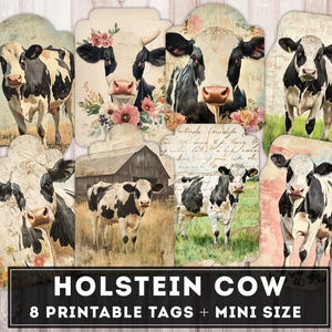 Etichette per mucche Holstein, etichette per mucche vintage, etichette per diario digitale, animali da fattoria, inserti stampabili, effimeri shabby chic, materiali per diario spazzatura