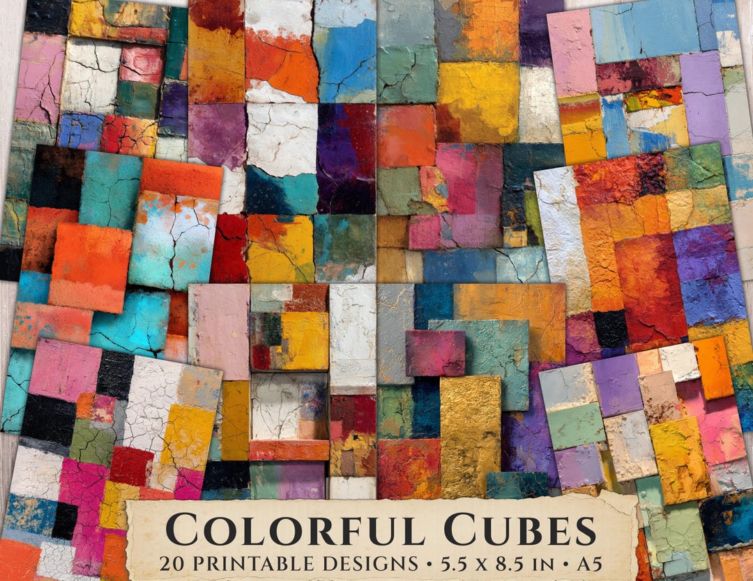 Colorful Cube Pattern Paper, Bright Geometric Junk Journal Background ...