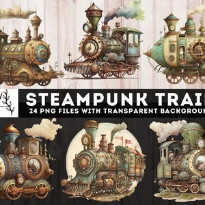Steampunk Train Clipart, 24 PNG Steampunk Doors Imprimibles, Diario basura, Efímera de locomotora de acuarela, Corte quisquilloso, Steampunk digital