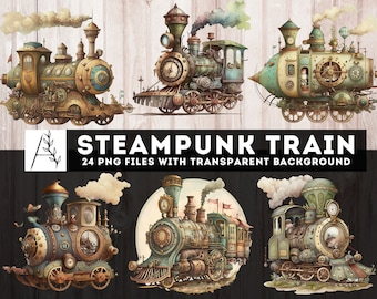 Steampunk Train Clipart, 24 PNG Steampunk Doors Imprimibles, Diario basura, Efímera de locomotora de acuarela, Corte quisquilloso, Steampunk digital