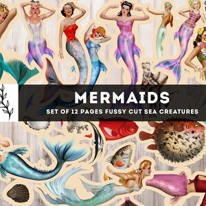 May include: A set of 12 pages of fussy cut sea creatures, including mermaids, fish, and a pufferfish. The mermaids are depicted in various poses, with colorful tails and hair. The fish are also colorful and detailed. The pufferfish is round and has a spiky texture. The title "Mermaids" is printed at the top of the page, along with the text "Set of 12 pages fussy cut sea creatures".
