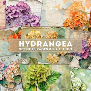 Hortensie Collage, Junk Journal Kit, bunte Vintage Blumen Papier, digitales Papier mit Blumenmuster, altes Sammelalbum, printable Seiten, digitaler Download