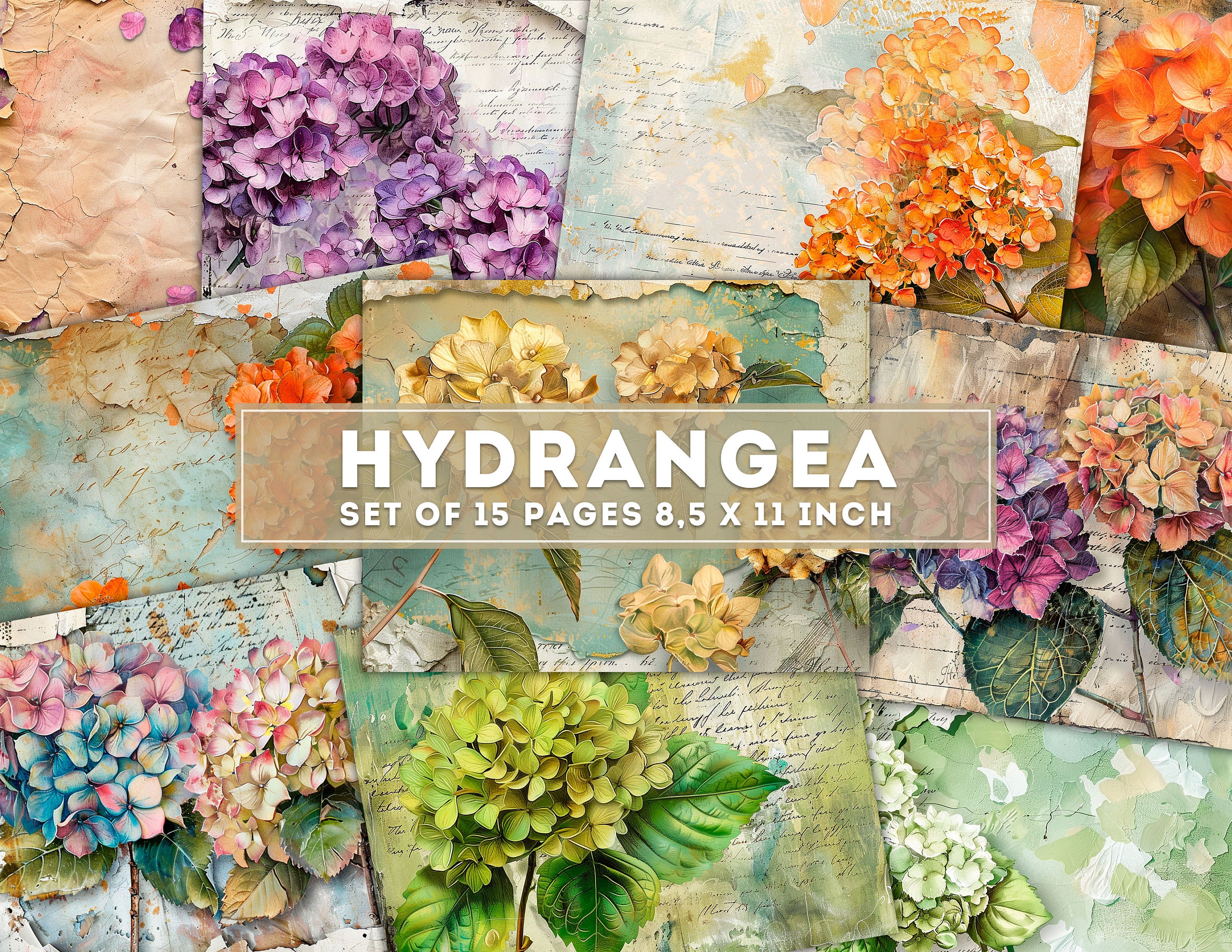 Hydrangea Collage, Junk Journal Kit, Colorful Vintage Flowers Paper ...
