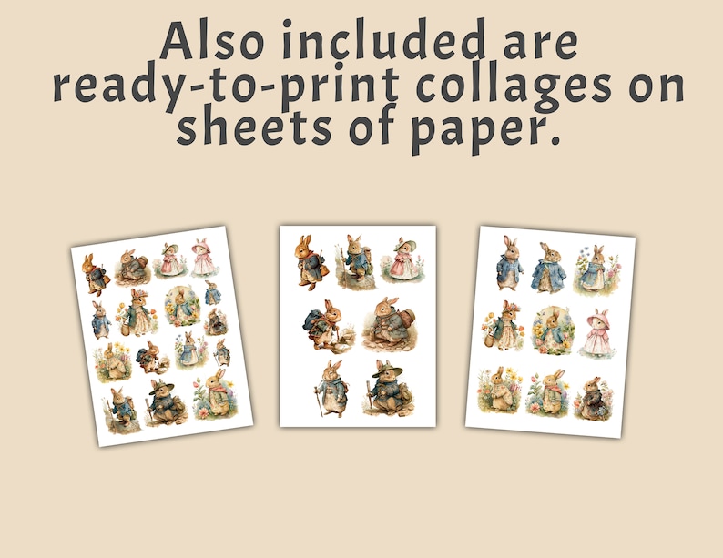 May include: Three sheets of paper with images of bunnies in various poses. The bunnies are wearing blue jackets and hats. Some are holding flowers or walking sticks. The images are ready to print.