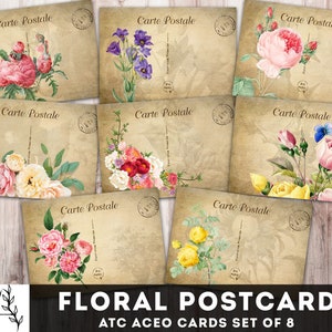 Printable vintage Floral Postcard Flowers Junk Journal ATC ACEO Cards 2.5" x 3.5" Digital Collage Sheet Journal cards Digital paper Download