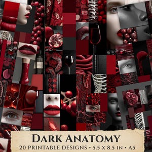 May include: A collage of twenty printable designs titled Dark Anatomy, featuring red and black imagery including human eyes, lips, skeletal structures, wine glasses, pomegranates, and berries. The text reads Dark Anatomy 20 printable designs 5.5 x 8.5 in A5.