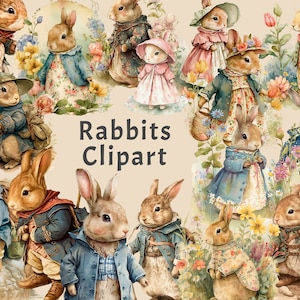 Vintage Kaninchen Clipart, 16 PNG Bunny Bundle, alte Junk Journal Printables, Verzierungen, Illustrationen, Papierdekoration, Collage Blätter