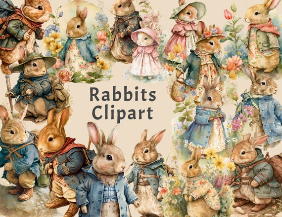 Vintage Rabbits Clipart, 16 PNG Bunny Bundle, Old Junk Journal Printables, Embellishment, illustrations, Paper decoration, collage sheets