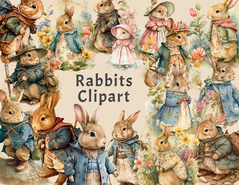 May include: A digital clipart image featuring a collection of cute rabbits in various poses and outfits. The rabbits are surrounded by flowers and greenery, with the text "Rabbits Clipart" in the center.
