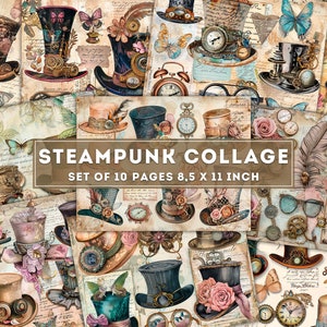 Steampunk Hat Collage Paper Pack, industriële printables, dameshoeden, herenhoeden, brillen, tandwielen, klok, mechanismen, instant download