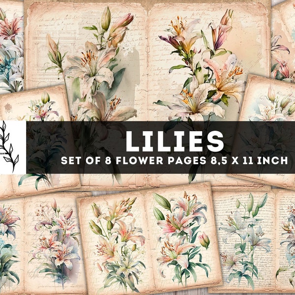 Lilies Junk Journal Kit, Junk journal supplies, Floral digital paper, Old Flowers Collage Sheet, Blossom Printable Pages, Digital Download