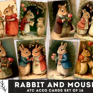 Tarjetas ATC Aceo imprimibles de conejo y ratón Tarjetas de San Valentín de 2,5" x 3,5", Diario basura de San Valentín, Efímera de San Valentín, Descarga instantánea