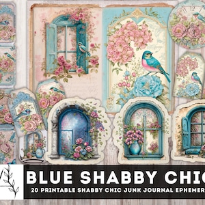 Blue Junk Journal Kit, Shabby Chic Junk Journal, Blue Shabby Chic Afdrukbaar, Klok, Ticket, Kieskeurig Knipsel, Enveloppen & Zakken, Instant Download