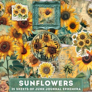 Sunflowers Junk Journal Kit, Sunflowers Digital Printable Project, Ephemera, Paper, Clocks, Fussy Cuts, ATC Cards, Pockets and Envelopes