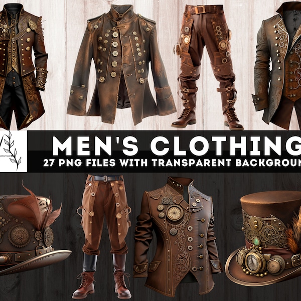 Steampunk Men's clothing Clipart, 27 PNG Steampunk Man clothes Bundle, Junk Journal, Digital Steampunk outfit Ephemera, Commercial Use