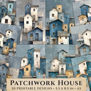 Carta stampabile con motivo casa patchwork, sfondo blu per junk journal con villaggio, foglio per scrapbooking con casa stravagante, collage architettonico rustico