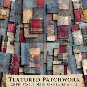 Pode incluir: Uma coleção de designs de patchwork texturizados em várias cores, incluindo vermelho, azul e bege. A imagem apresenta uma variedade de texturas e padrões de tecido, com o texto "TEXTURED PATCHWORK" e dimensões de 5,5 x 8,5 polegadas (aprox. 14 x 22 cm).