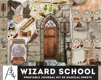 Może przedstawiać: Zestaw do druku dziennika z 40 magicznymi arkuszami w temacie szkoły magii. Zestaw zawiera obrazy sów, zamku, butelki z eliksirem, pióra, klatki, książki, słoika, drzwi, kapelusza i zwoju.