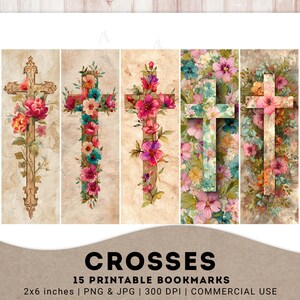 May include: A collection of 15 printable bookmarks, each featuring a cross design decorated with flowers. The bookmarks measure 5 x 15 cm. The image includes the text "CROSSES" and other details. The floral arrangements are colorful.
