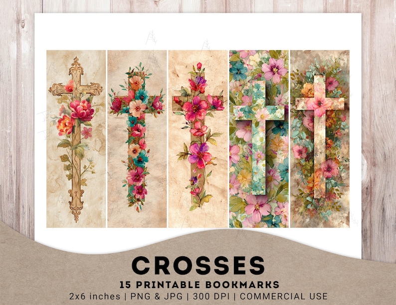 May include: A collection of 15 printable bookmarks, each featuring a cross design decorated with flowers. The bookmarks measure 5 x 15 cm. The image includes the text "CROSSES" and other details. The floral arrangements are colorful.