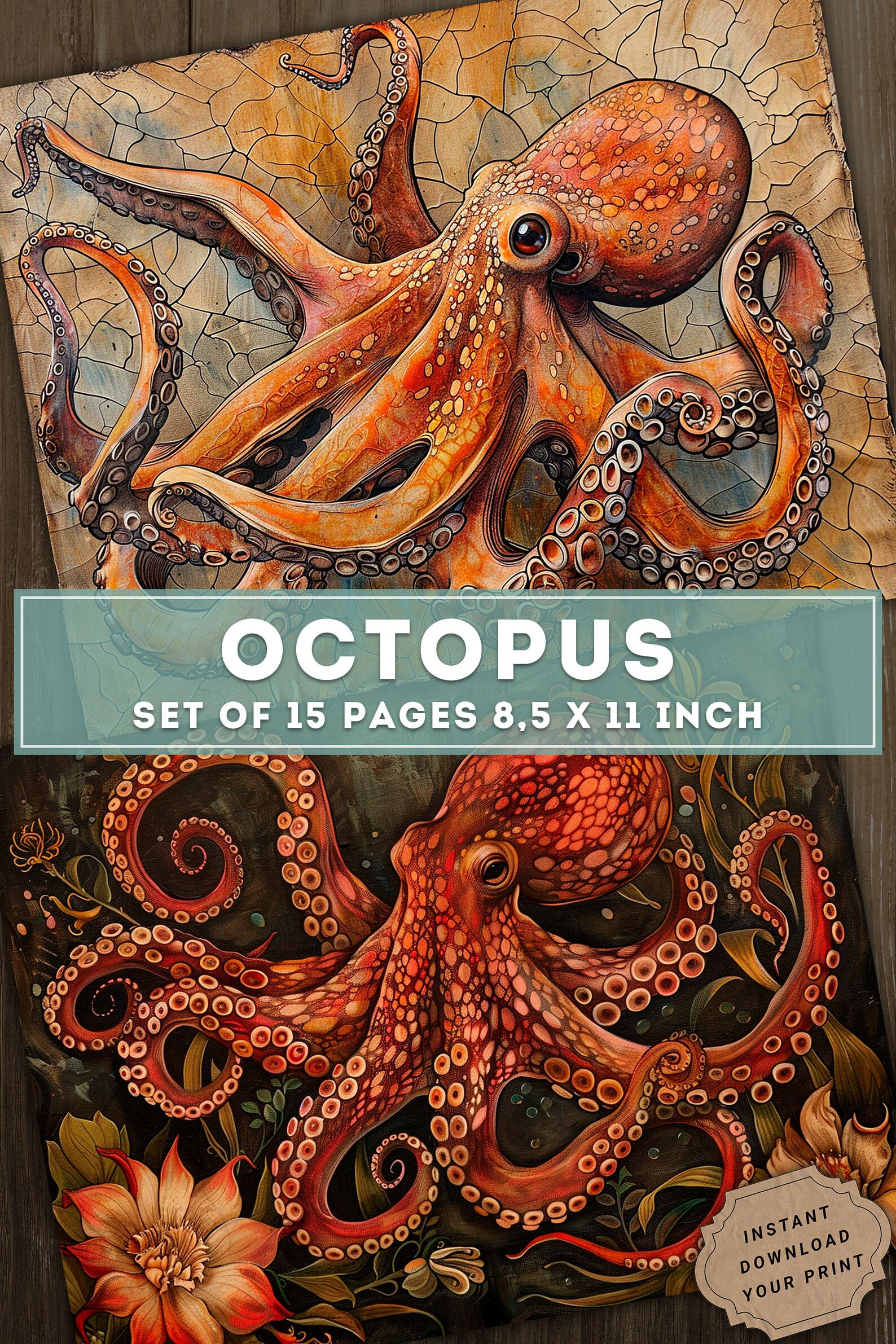 Octopus Collage Paper: Nautical Junk Journal Pages (digital Download ...