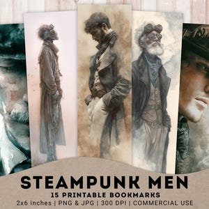 Steampunk Men Bookmarks, 15 PNG Printable Watercolor Steampunk Gentleman Bookmark, Vintage Reading Lover, Digital Bookmark, Instant Download
