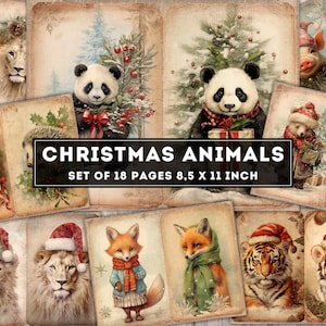Pages d'animaux de Noël vintage, kit de papier Christmas Junk Journal, panda, tigre, hérisson, lion, cochon, zèbre, renard, ours, mouton, loup, écureuil