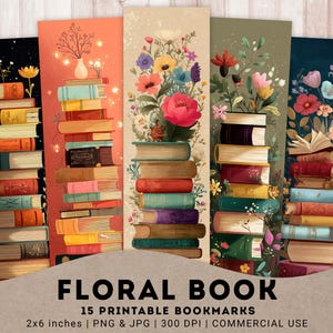Blumen Bücher 15 PNG druckbare Blumen Lesezeichen, Blumen Bücher Stapel, Leseliebhaber, schäbige schicke digitale Lesezeichen, sofort Download