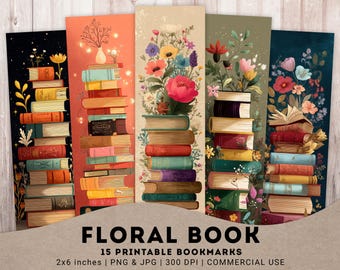 Floral Books 15 PNG Printable Flowers Bookmarks, Floral Book Stack, Reading Lover,  Shabby chic Digital Bookmarks, Instant download