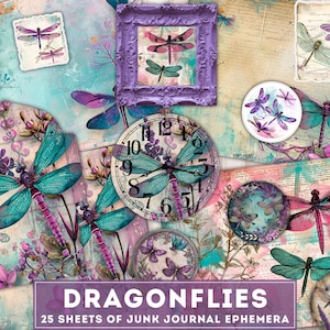 Dragonfly Junk Journal Kit, Printable Digital Project, Fairy Ephemera, ATC cards, Paper, Ephemera, Clocks, Fussy Cuts, Envelopes, Pocket