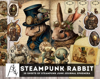 Easter Steampunk Junk Journal Kit, Rabbit Printable Pages, Bunny Digital Ephemera, Fussy Cut, Envelopes & Pockets, Instant Download