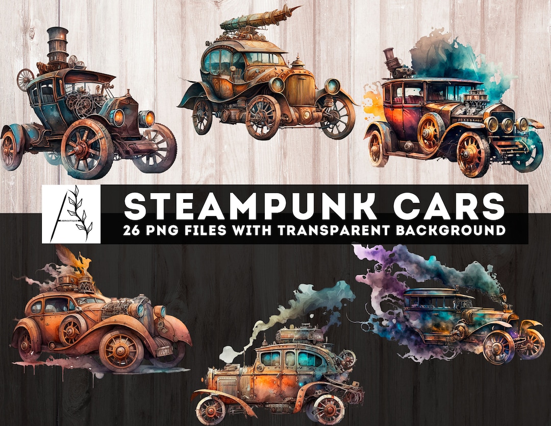 Watercolor Steampunk Car Clipart, 26 PNG Steampunk Cars Bundle, Junk ...