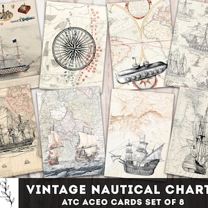 Vintage kaarten nautische kaarten Junk Journal afdrukbare ATC ACEO-kaarten 2,5 x 3,5 inch digitaal collageblad, dagboekkaarten, digitale download