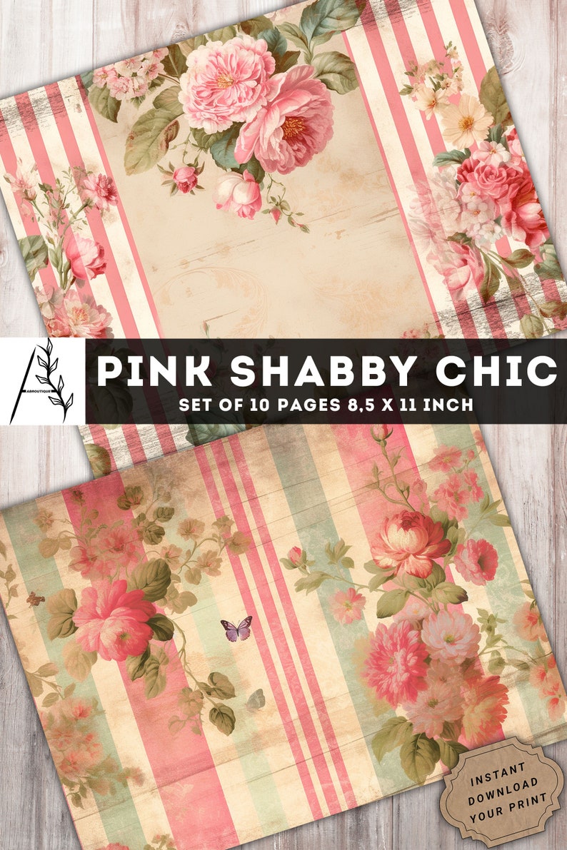 Pink Shabby Chic Junk Journal Kit, Shabby Chic Paper, 10 JPG Digital ...
