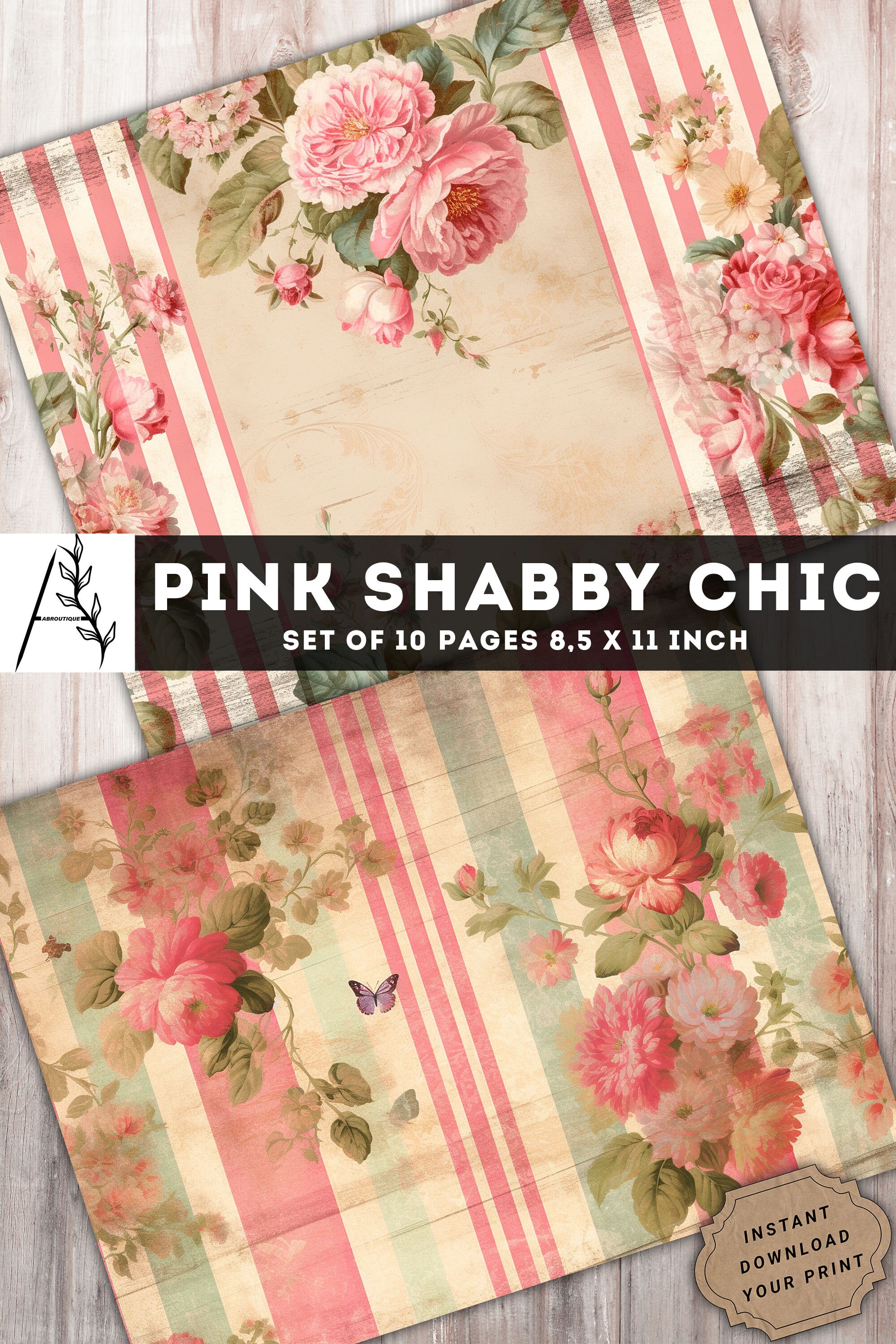 Pink Shabby Chic Junk Journal Kit, Shabby Chic Paper, 10 JPG Digital ...