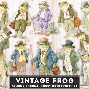 vintage grenouille éphémères, coupes délicates de grenouille, 23 PNG grenouille dans des vêtements Clipart Bundle, Junk Journal imprimables, embellissement, illustrations d'animaux
