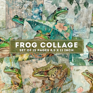 Frosch Collage, Junk Journal Kit, buntes Vintages Frühlingspapier, digitales Papier Märchenfrosch, Ephemera, printable Seiten, digitaler Download
