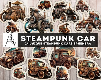May include: 24 unique steampunk car designs. These digital illustrations feature intricate details, gears, and pipes. The cars are in various colors, including brown, gold, and black.