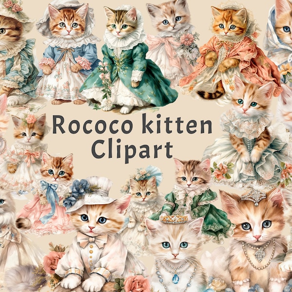 Rococo Kitten Clipart, 21 PNG Baby cats Bundle, Vintage Cats Junk Journal Printables, Embellishment, Paper decoration, Collage sheets