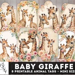 Baby Giraffe Junk Journal Tags, Vintage Giraffe Tag, Digital Journaling Labels, Printable Inserts, Shabby Chic Ephemera, Journal Supplies