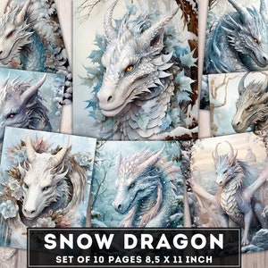 Snow Dragons Paper kit, Dragons Junk Journal, Dragon Printables, Digital Paper, Collage Sheet, Dragon Scrapbooking, Instant Download
