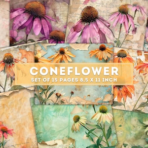 Sonnenhut Collage, Junk Journal Kit, Vintage Blumen digitales Papier, alte Blumen Hintergrund, Blüte druckbare Seiten, digitaler Download