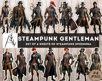 May include: A set of 24 digital illustrations of steampunk gentlemen in various poses. The illustrations are in a vintage style and feature intricate details, such as gears, goggles, and top hats. The illustrations are perfect for use in digital scrapbooking, card making, and other creative projects. "STEAMPUNK GENTLEMAN" and "SET OF 6 SHEETS OF STEAMPUNK EPHEMERA" are written in the image.