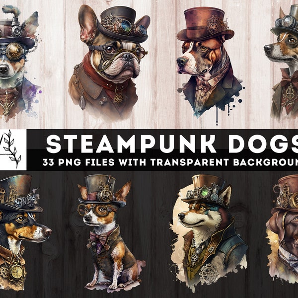 Steampunk Dogs Watercolor Clipart, 33 PNG Steampunk Printables, Junk Journal, Steampunk pets Ephemera, Fussy Cut, Digital Steampunk