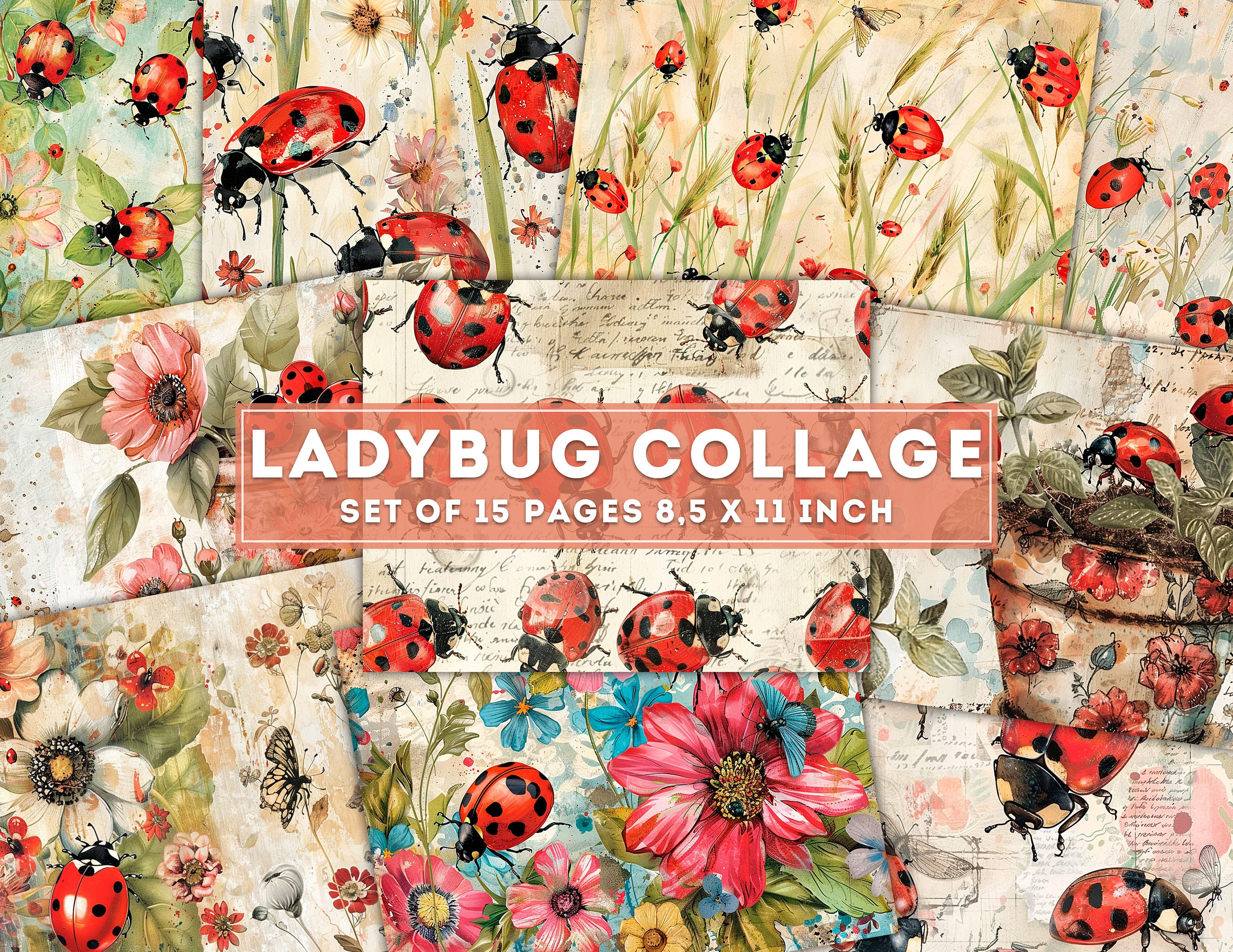 Ladybug Collage, Junk Journal Kit, Colorful Vintage Spring Paper, Cute ...